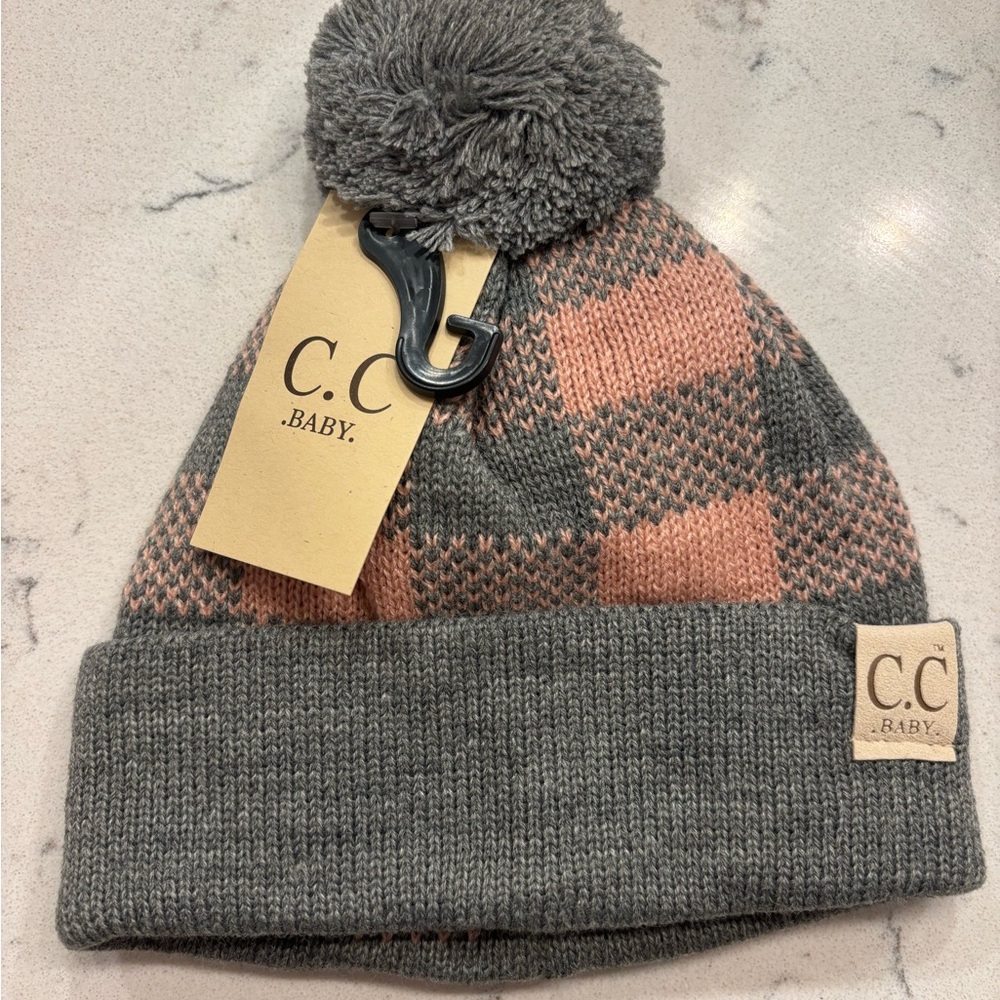 Gray and Pink Knit Pom Beanie C.C Beanie